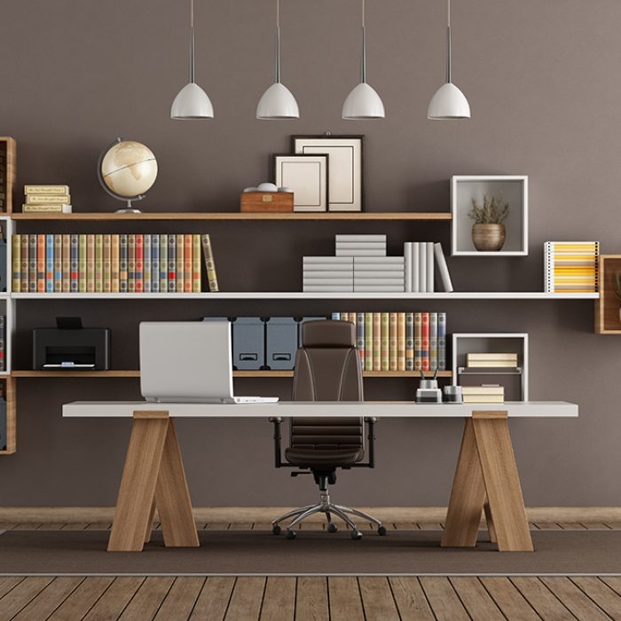 Modern office with wooden bookcase and desk - 3d rendering