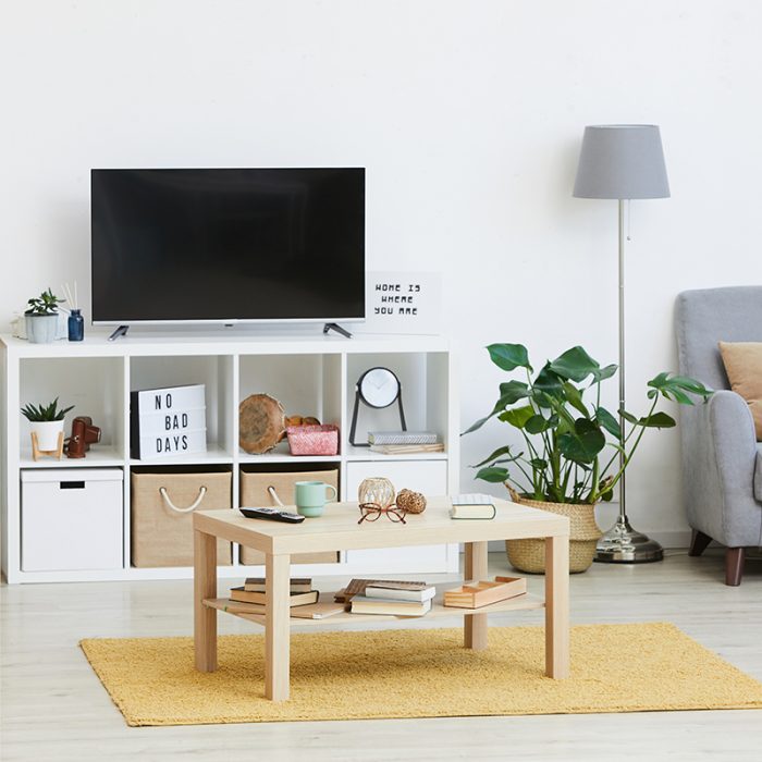 Image of modern furniture and big TV in the domestic room in apartment
