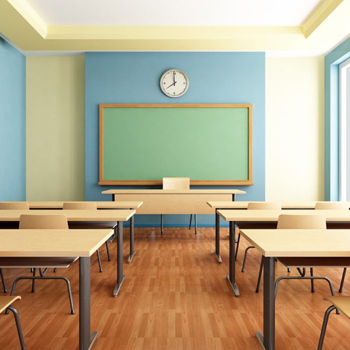 Bright empty classroom without student with wooden furniture -rendering