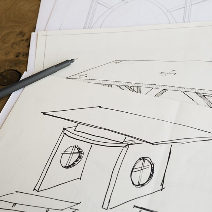 Close up of design drawings for furniture, a table.